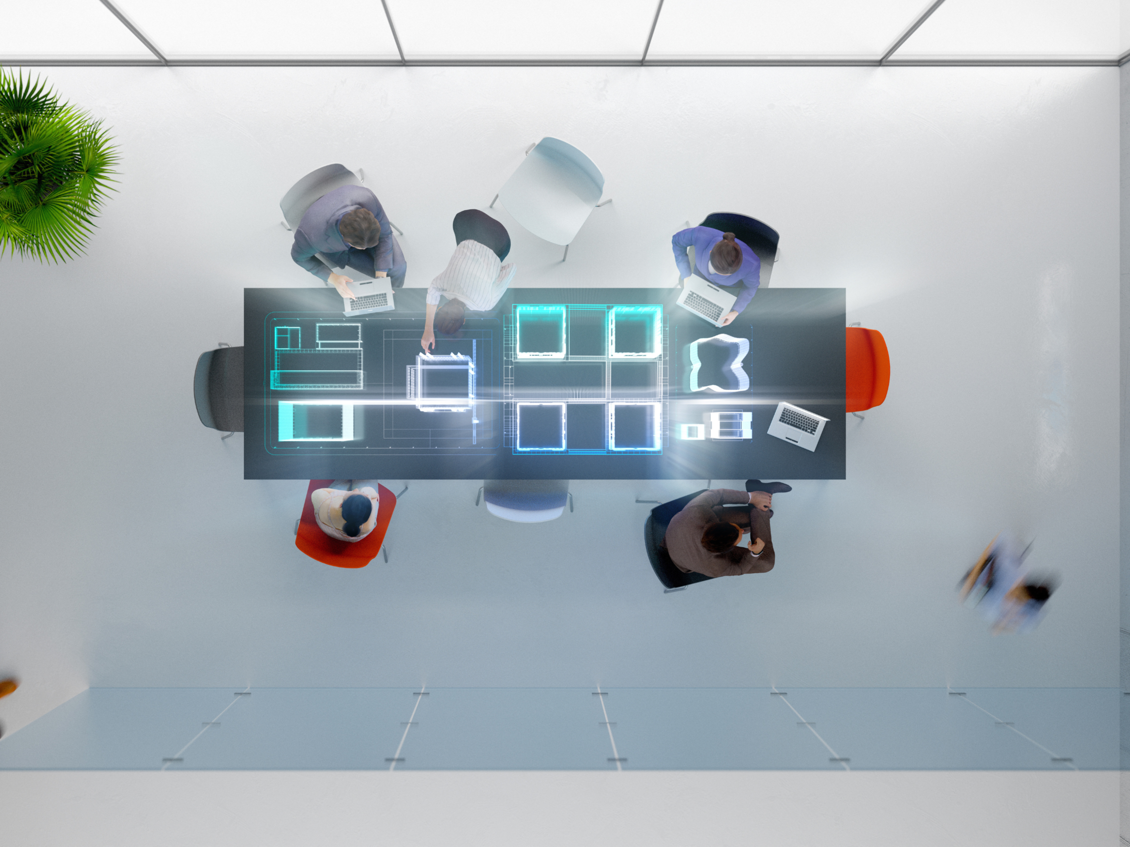 Riunione aziendale con tavolo interattivo e proiezioni digitali in un ambiente smart office moderno