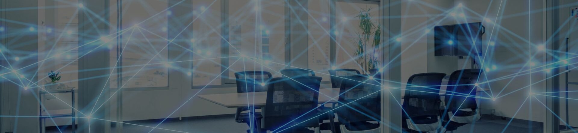 Sala riunioni moderna con visualizzazione astratta di rete digitale e connessione AI